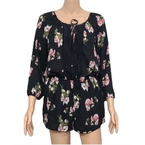 DR2 Daniel Rainn Floral Romper Small Black Pink One Piece Lace Sheer Bohemian - Picture 10 of 10